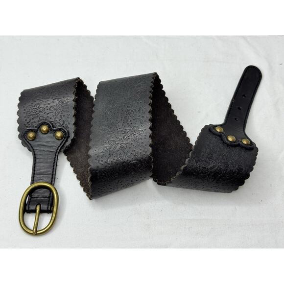 LUCKY Brand Brown Tooled Brass Studded Wide Leather BELT Size XL Western Boho - Picture 1 of 8